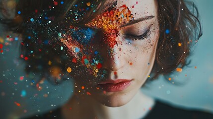 A conceptual portrait of a woman with her face partially obscured by abstract splashes of color,...