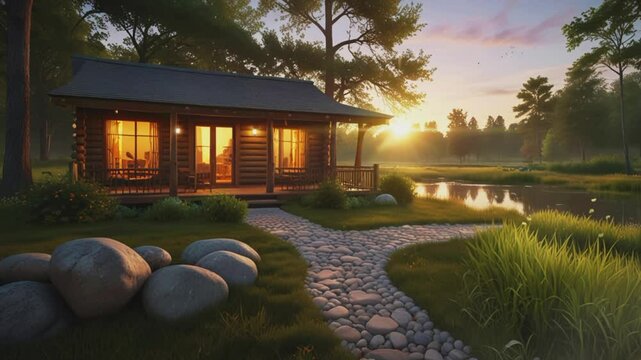 Log cabin and natural lake, 4K seamless looping virtual video animation background