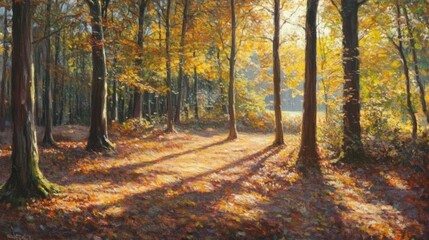 Obraz premium Autumn forest sunlight, golden leaves, tree trunks.