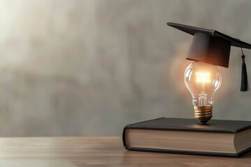 Graduation journey: graduate&rsquo;s hat resting on an open book, symbolizing end of one chapter of learning, glowing light bulb hovering above, representing new ideas and path toward future aspirations.
