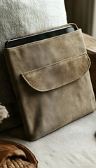 Naklejka premium Beige leather tablet sleeve with front pocket.