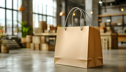Beige paper shopping bag on floor in store.