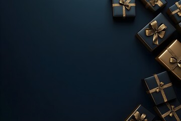 Dark blue background with golden gift boxes on the right side, a black and gold color scheme, in a wide banner format, top view