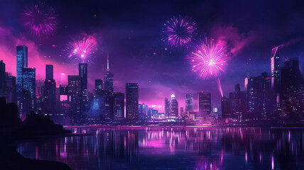 New Years Eve with colorful Fireworks over City skyline.