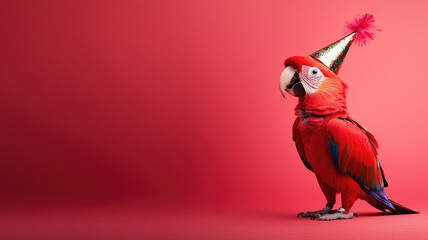 vibrant parrot wearing festive party hat against bright background