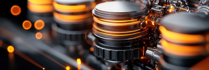 an engine with glowing orange cylinder head on dark blur background