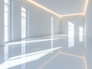 Fototapeta premium Bright, minimalist room with large windows and glossy floor, showcasing sunlight reflections.