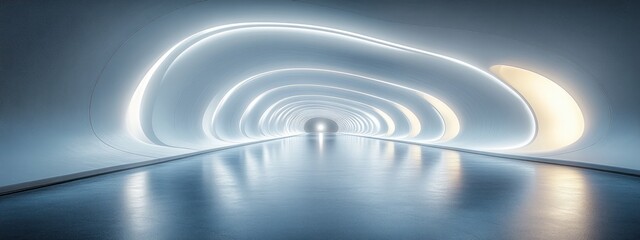 Obraz premium Futuristic Tunnel with Smooth Curves Ambient Lighting Minimalist Design 3D Space Technology Abstract Interior