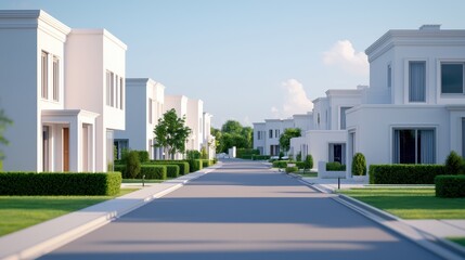 Obraz premium Wide angle 3d visualization of a bright modern suburban residential area