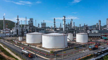 Aerial view oil and gas refinery industry plant, Oil and gas petrochemical  industrial storage tank...