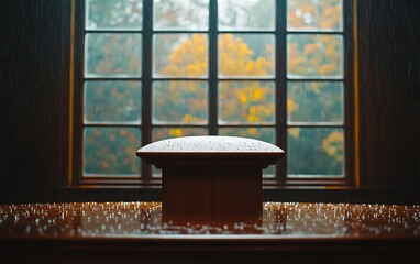 Rain-soaked wooden pedestal sits before a window showcasing autumnal foliage.