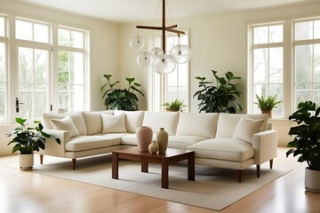 Modern living room with sectional sofa, coffee table, plants, and large windows.