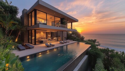 Fototapeta premium Luxurious Beachfront Villa with Sunset View and Tropical Gardens