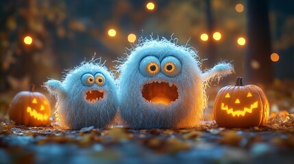 Two fuzzy monsters with big eyes and mouths are grinning and standing near lit jack-o-lanterns in a forest.
