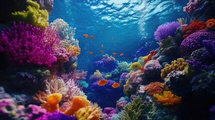 Obraz premium Vibrant coral reef teeming with colorful fish and diverse marine life.