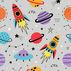 Seamless pattern with cute planets, stars, ufo, earth, constellations, rockets, space, saturn on grey background. Creative kids texture for fabric, prints, wallpaper, decorations, textiles.