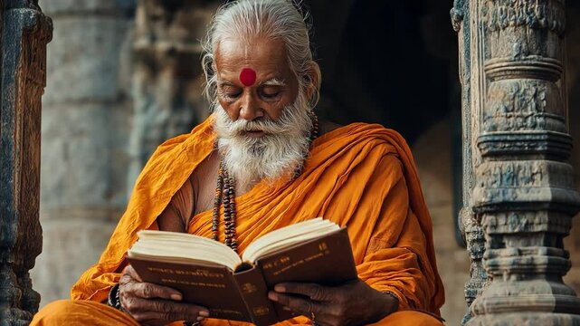 an elderly Indian monk at an old temple, reading a book