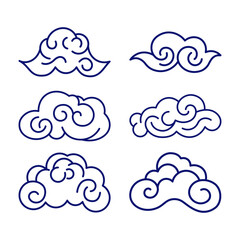 Set of Chinese Japanese Style Cloud Nature Line Outline Decoration in the Sky
