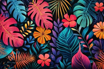 Vibrant tropical leaves and flowers in assorted colors on a dark background, creating a lively and exotic atmosphere for nature-themed projects.
