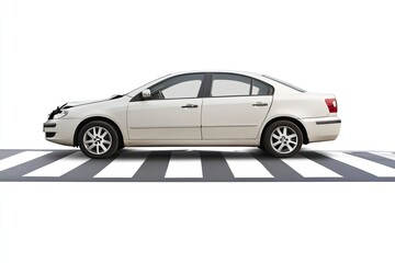 Fototapeta premium Studio image of a pedestrian crossing accident with a speeding sedan isolated on white