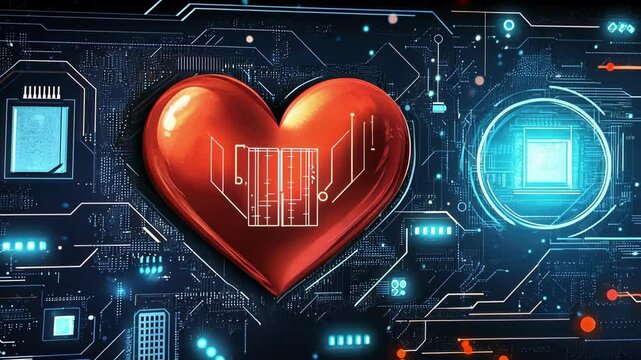 Digital love: futuristic hearts integrated with circuit technology and blue energy core. Happy Valentine's Day. 14 february.