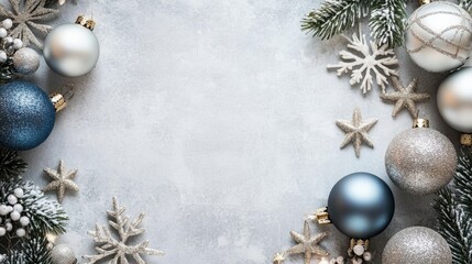 Top view of  blue Christmas decorations with snowflakes and glitter
