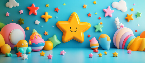 Fun and cheerful logo design with bright colors, whimsical stars, toy shapes, and a rounded sans-serif font for a playful look