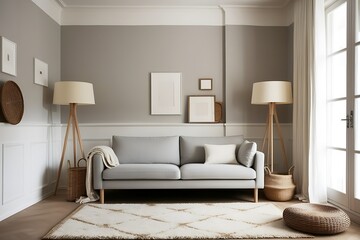 Modern living room interior design with gray sofa, wooden floor lamps, and neutral decor.