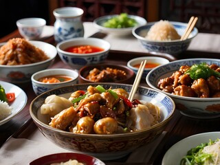 various kinds of Chinese food on the table during Chinese New Year
