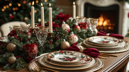 An elegantly decorated holiday table with a glowing candle centerpiece, festive tableware, and subtle seasonal accents in a cozy, warm-lit setting.