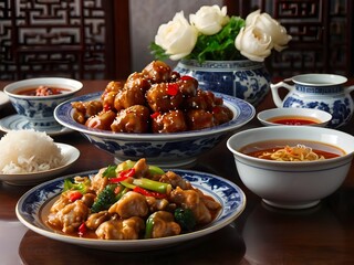 various kinds of Chinese food on the table during Chinese New Year