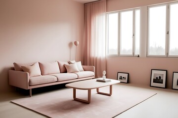Minimalist living room with blush pink walls, sofa, rug, and coffee table.