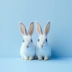 Obraz premium White Rabbits with Large Ears on Pastel Blue Minimalist Background Clean Design