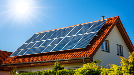 Naklejka premium Highlighting renewable energy, with modern homes equipped with solar panels under a bright sky