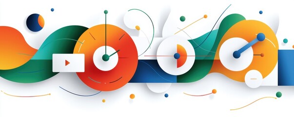 Obraz premium Abstract Colorful Design with Clocks and Geometric Shapes.