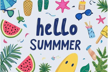 Colorful Summer Scene with Tropical Elements and Hello Summer Text