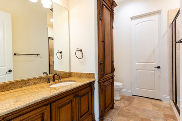 Elegant bathroom with wooden cabinetry and modern fixtures in a serene setting