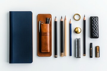 Arranging vintage desk accessories mechanical pencils minimalist notebook & brass paperweight in radial design