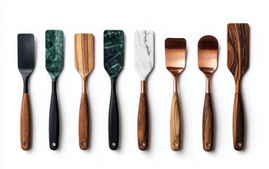 Create dreamy culinary art watercolor collection of silicone spatulas copper measuring cups and marble pastry boards in soft colors