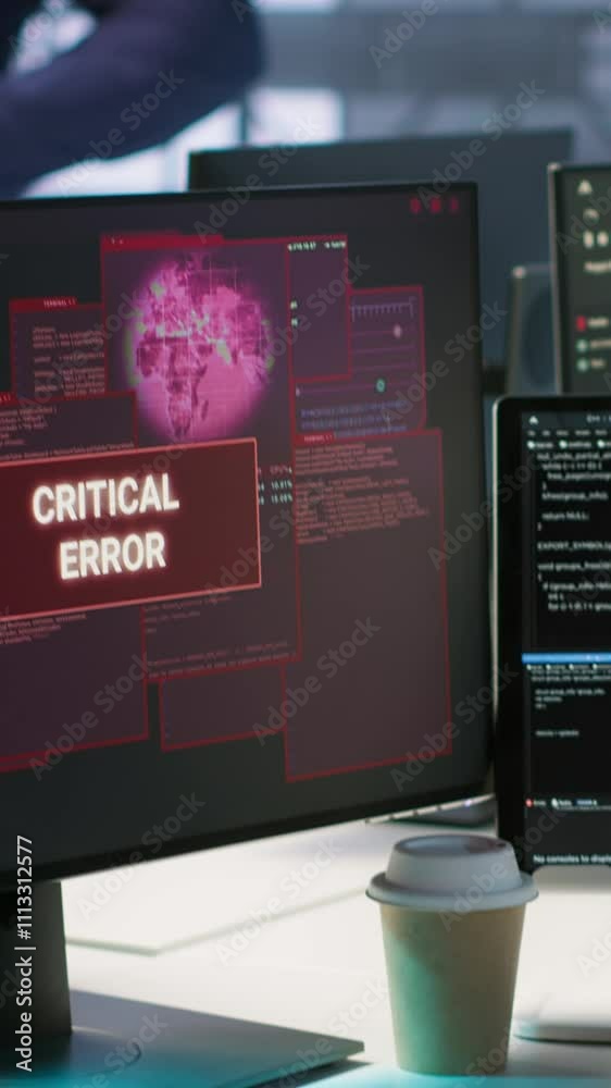 Poster vertical video programmer seeing red critical error popup on computer display in data center, panick