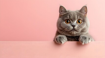 Obraz premium Curious Grey Cat Peeking Over Pink Background 