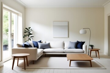 Modern living room with beige sectional sofa, wooden coffee table, and floor lamp. (1)