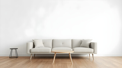 A blank wall mockup with a modern sofa and a small table in front, wooden flooring, soft lighting, sharp 8K textures