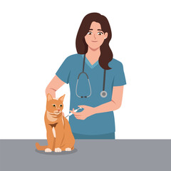 Woman vet doctor with cat in clinic. Flat Vector Character Isolated.