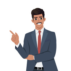 Businessman pointing up index finger gesture to copy space. Flat Vector Character Isolated.
