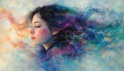Dreamy Watercolor Portrait of a Woman with Flowing Hair and Soft Pastel Colors
