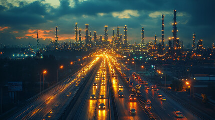 Intricate network of glowing pipelines inside an oil refinery, showcasing the blend of industrial technology and energy production, symbolizing modern infrastructure and the power of energy systems