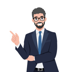 Young businessman pointing up index finger gesture to copy space. Flat Vector Character Isolated.