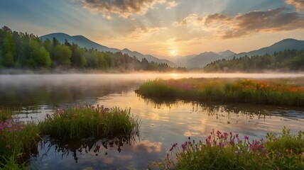 Tranquil Mountain Lake at Sunrise With Mist and Autumn Colors