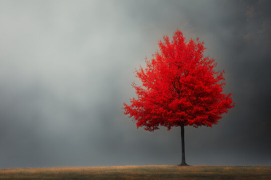 A solitary tree with vibrant autumn foliage standing in a foggy field.